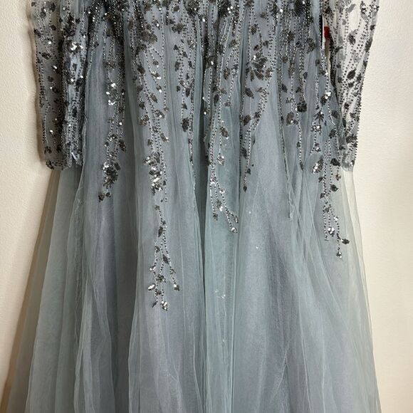 Mac Duggal EMBELLISHED V NECK LONG SLEEVE A LINE GOWN in platinum blue size 12 - Picture 10 of 16